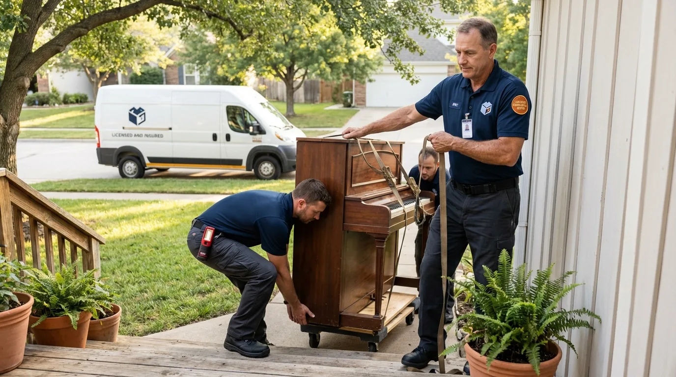 Licensed piano movers securing grand piano in Poteau, OK