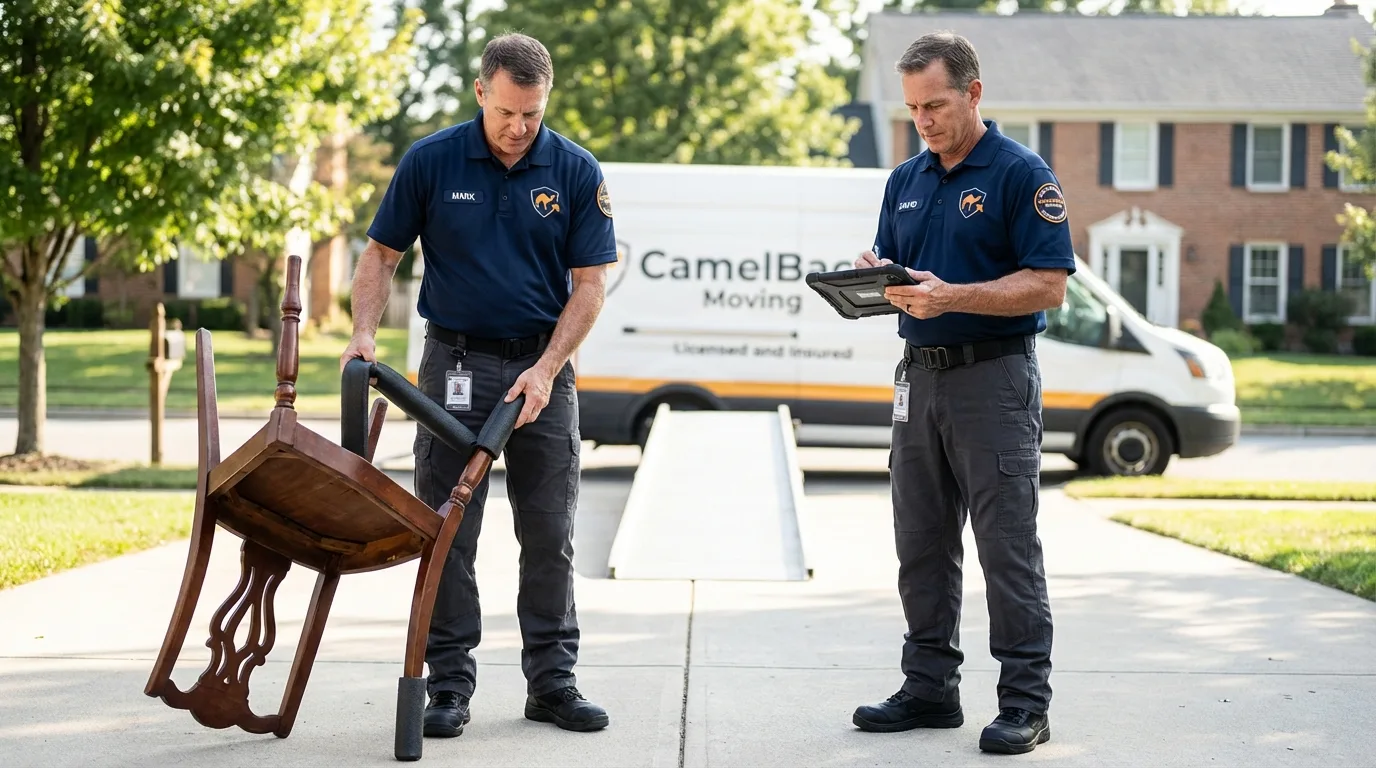 Movers inspecting furniture for damage prevention before loading in Poteau, OK