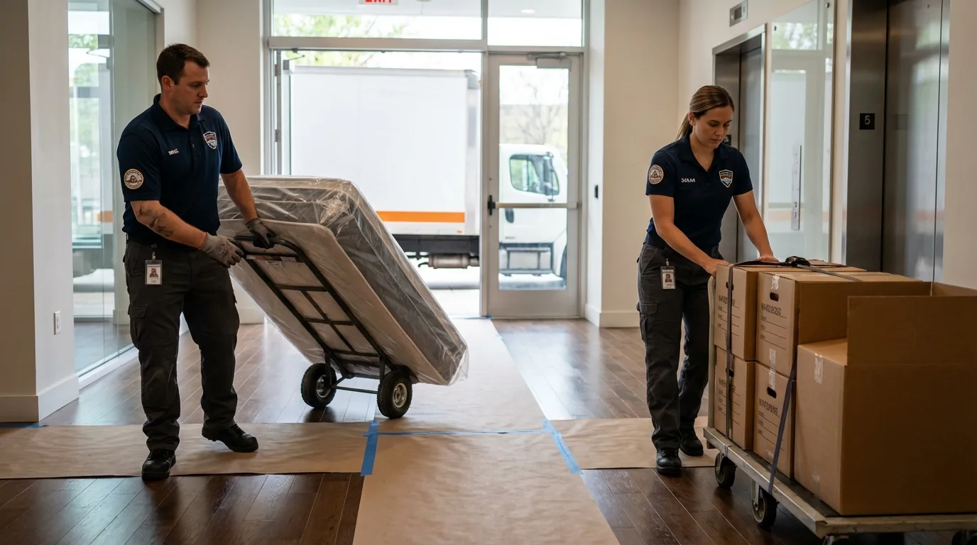 Professional apartment movers loading elevator in Poteau, OK