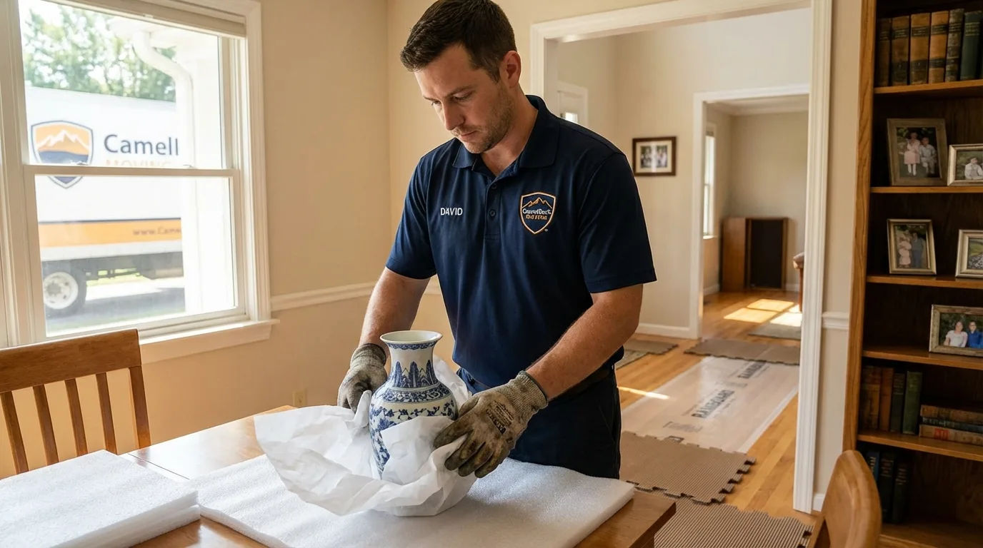 Professional crew carefully wrapping antique vase for senior downsizing move in Poteau, OK